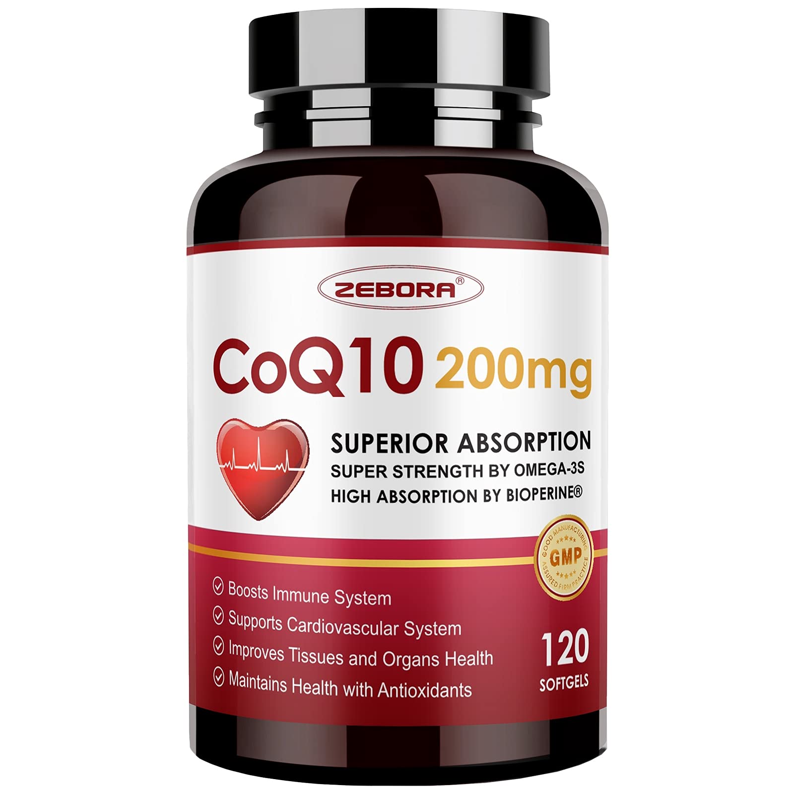 ZEBORA CoQ10-200mg-Softgels with PQQ, BioPerine & Omega-3, 120 Servings Coenzyme Q10(Ubiquinone) Supplement for High-Absorption, Powerful-Antioxidant