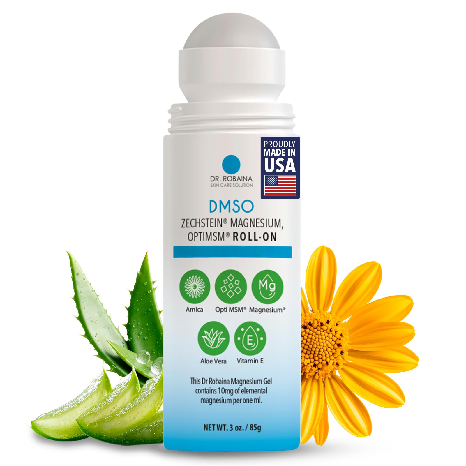Dr. Bobanna DMSO roll-on with aloe vera and sunflower on a white background