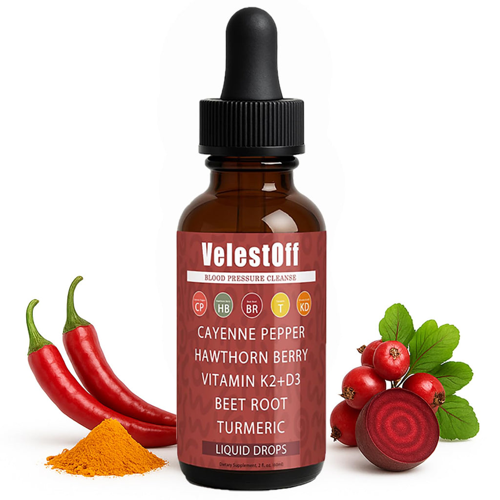 VepestOff liquid drop bottle with cayenne pepper, hawthorn berry, vitamin K2+D3, beet root, and turmeric on a white background.