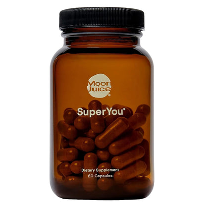Amber supplement bottle labeled 'SuperYou' with 'Moon Juice' branding on a white background
