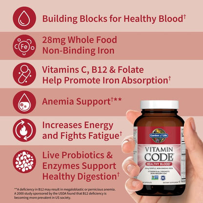 Garden of Life Vitamin Code Healthy Blood - Iron Supplement for Women, 60 Vegan Capsules, with Vitamins B, C, Trace Minerals