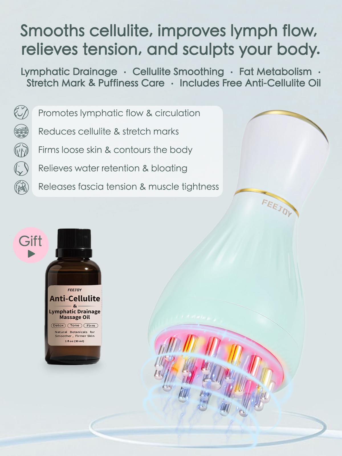 FEEJOY Lymphatic Drainage Massager & Massage Tool with Cellulite Oil, Body Sculpting Machine & Fascia Blaster for Cellulite with Microcurrent, Light, Heat & Vibration, for Legs, Arms & Belly FEEJOY buy supplements Au