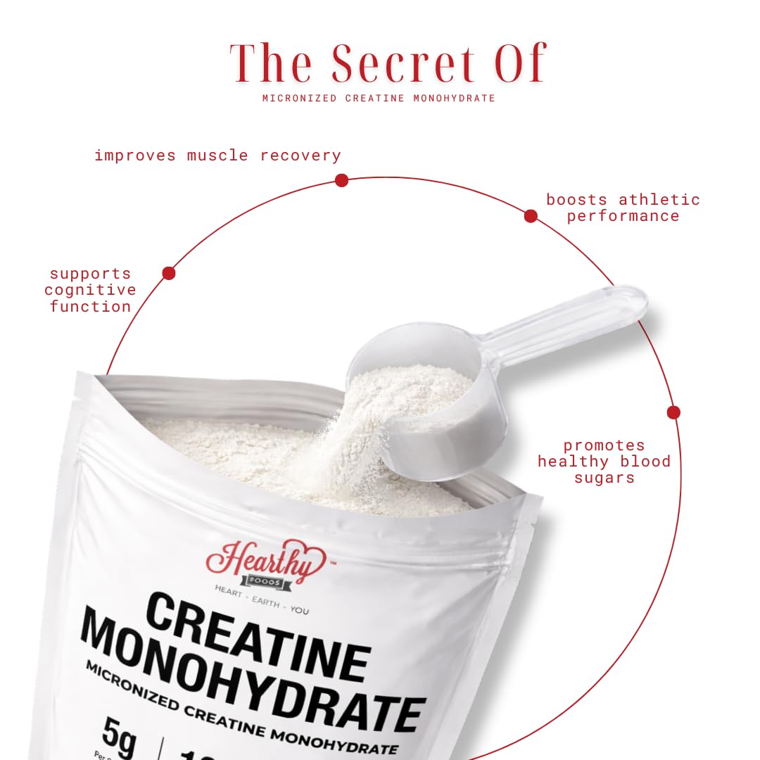 HEARTHY FOODS Creatine Monohydrate Micronized Powder 500G - 100 Servings, 5000mg Per Serving (5g) - for Men & Women Muscle Growth