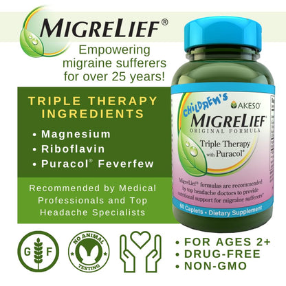 Children's MigreLief® - Triple Therapy with Puracol™ - Nutritional Support for Pediatric Migraine Sufferers - 60 Caplets/1 Month Supply MigreLiefBuy Supplements Australia