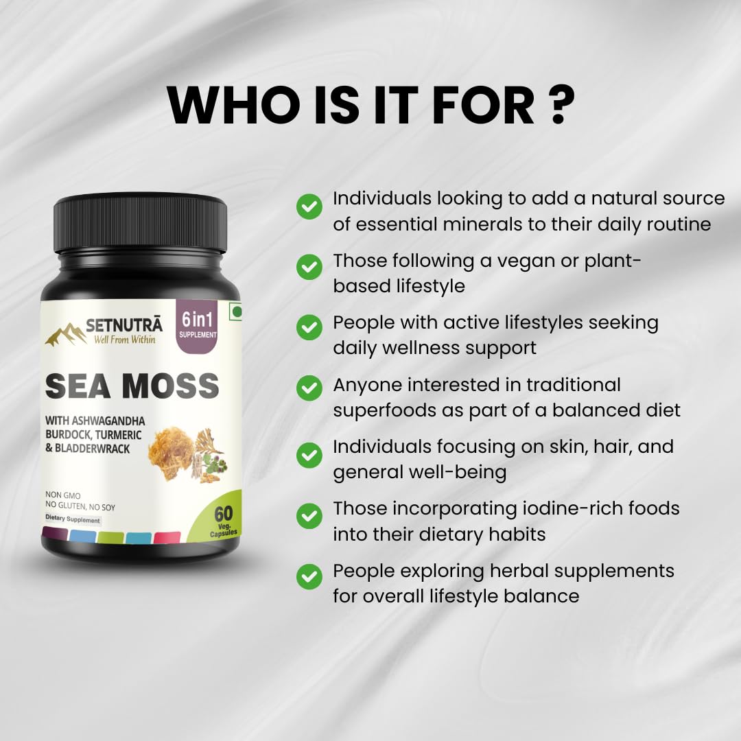 SETNUTRA Well From Within Sea Moss 6 in 1 Super Blend Ashwagandha Burdock Turmeric & Bladderwrack Immunity & Detox Support 60 Veg Capsules Non GMO No Gluten SETNUTRA Well From Within buy supplements Au