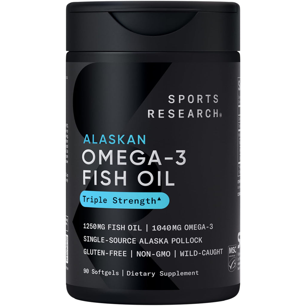 Sports Research® Omega-3 Fish Oil 1250 - Triple Strength Fish Oil Supplement from Wild Alaska Pollock - MSC Certified Sustainable · Non-GMO · Soy Free - 90 Softgel Capsules Sports Research buy supplements Au