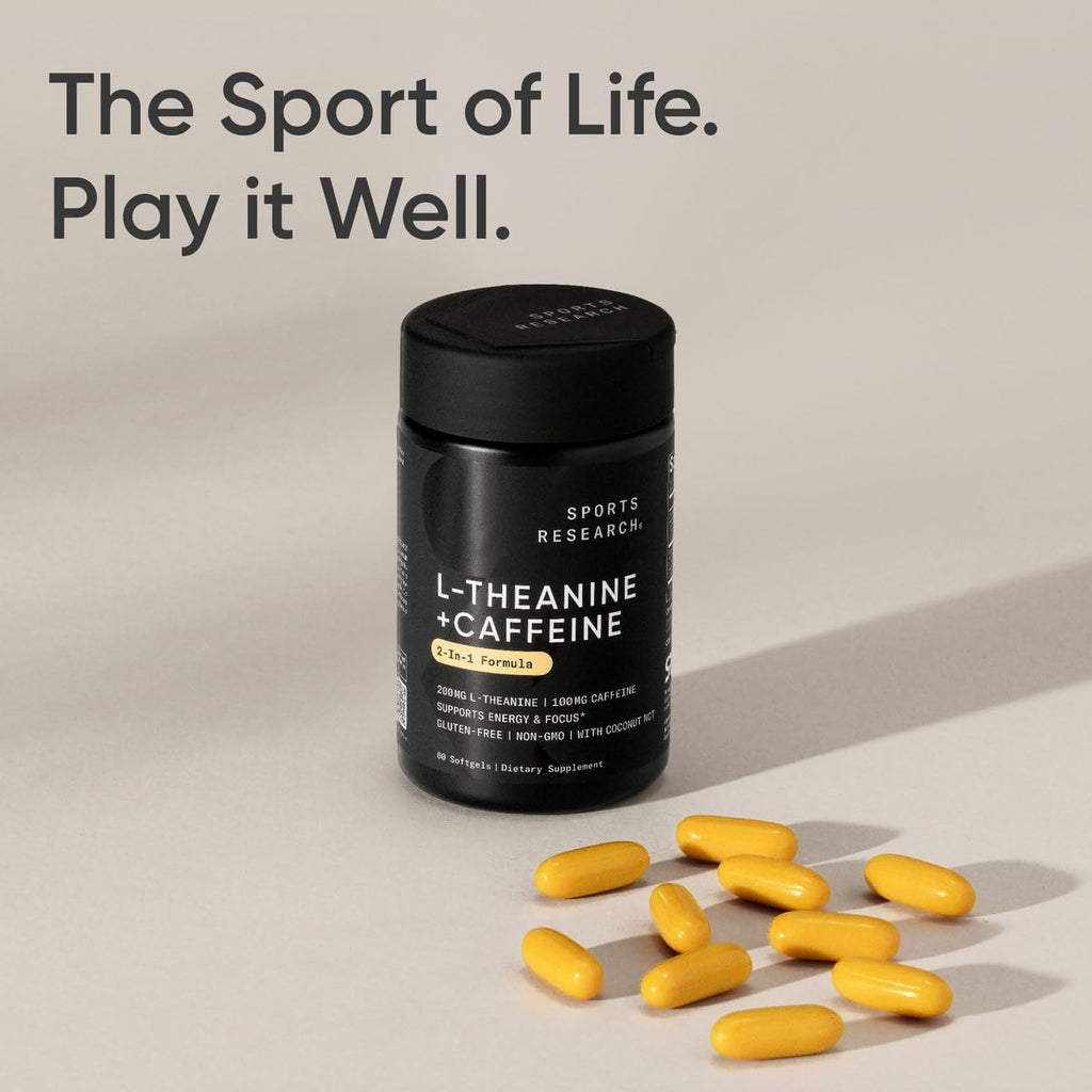 Sports Research L-Theanine Supplement with Caffeine & Coconut MCT Oil - Focused Energy, Alertness & Relaxation Without Drowsiness - 200mg L Theanine, 100mg Organic Caffeine - 60 Liquid Softgels Sports Research buy supplements Au