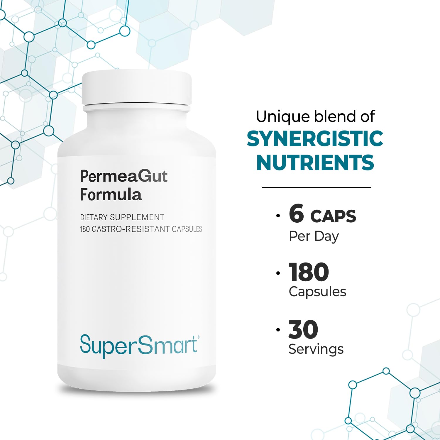 Supersmart PermeaGut Formula (High Potency) - with L-Glutamine, ButiShield Calcium Butyrate, Zinc-L-Carnosine - Gut Barrier Support | Vegan & Gluten Free - 180 Gastro-Resistant Capsules Supersmart buy supplements Au