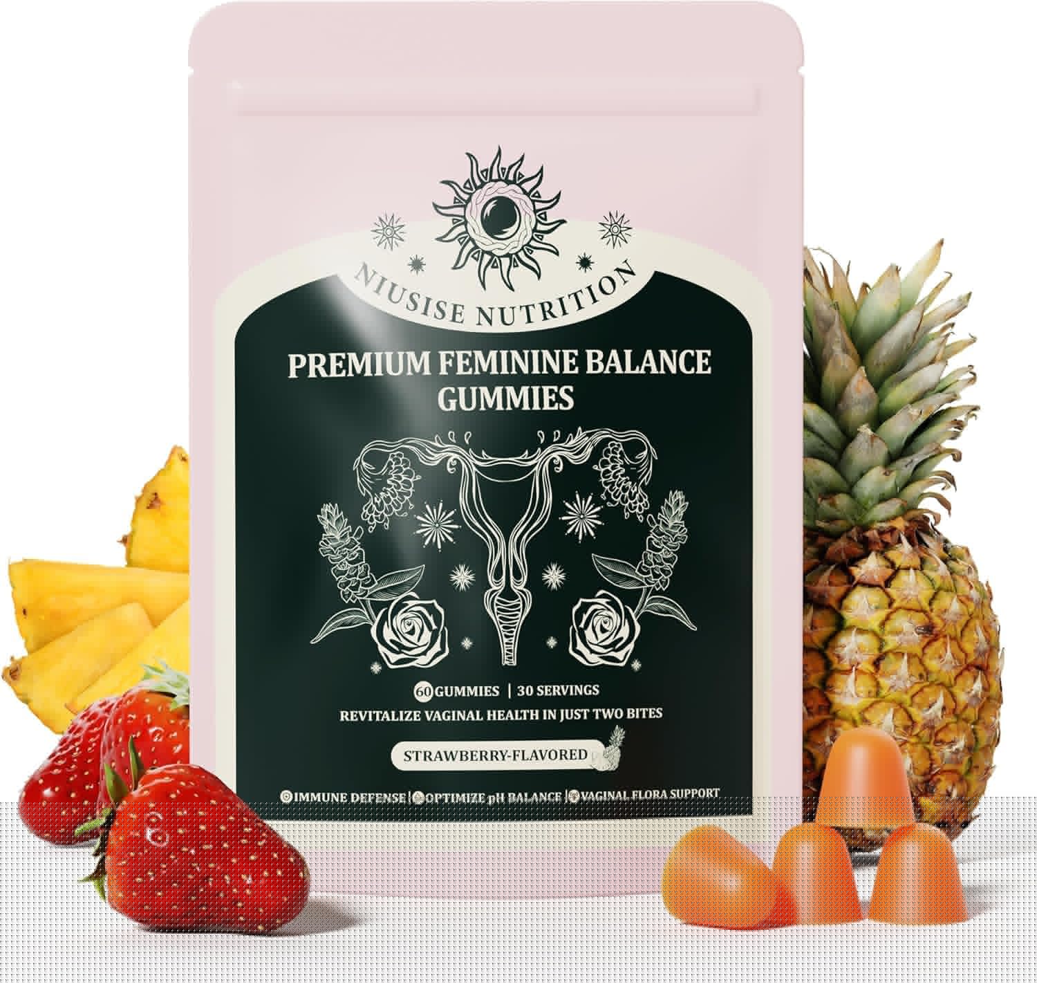 NIUSISE Feminine Balance Gummies, Premium Balance Supplement for Women PH Health, Immune Support, Energy Support, Vegan, Gluten-Free, Strawberry Flavor,