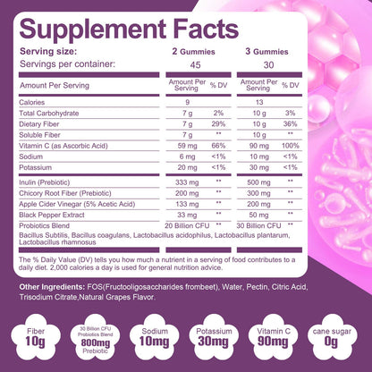 Migcopat 10G Fiber Gummies with 30 Billion CFU Probiotics, Grape Flavor, Bloating Support, Fiber Supplement with Vitamin C,