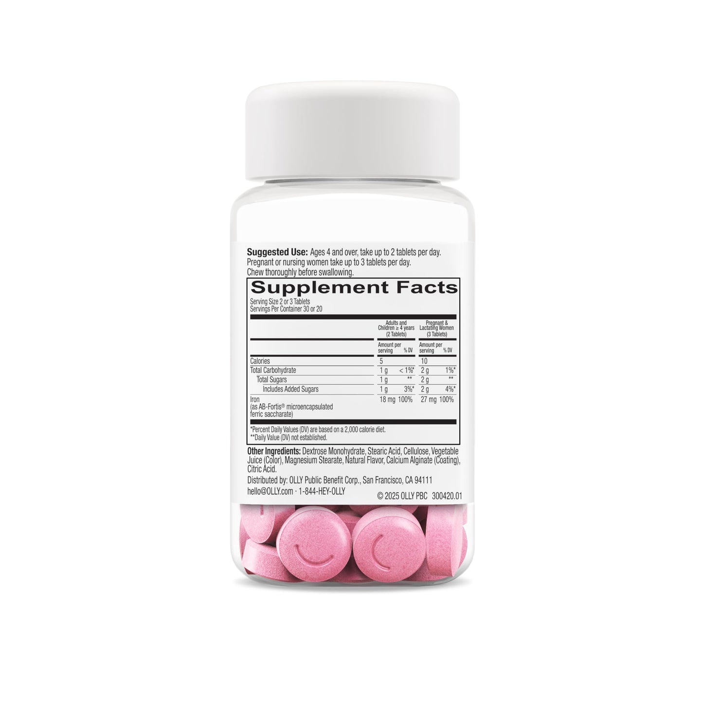 OLLY Delightful Iron Chewable Tablet, Iron Supplement from AB Fortis, Fruit Punch Flavored, 30 or 20 Day Supply - 60 Count