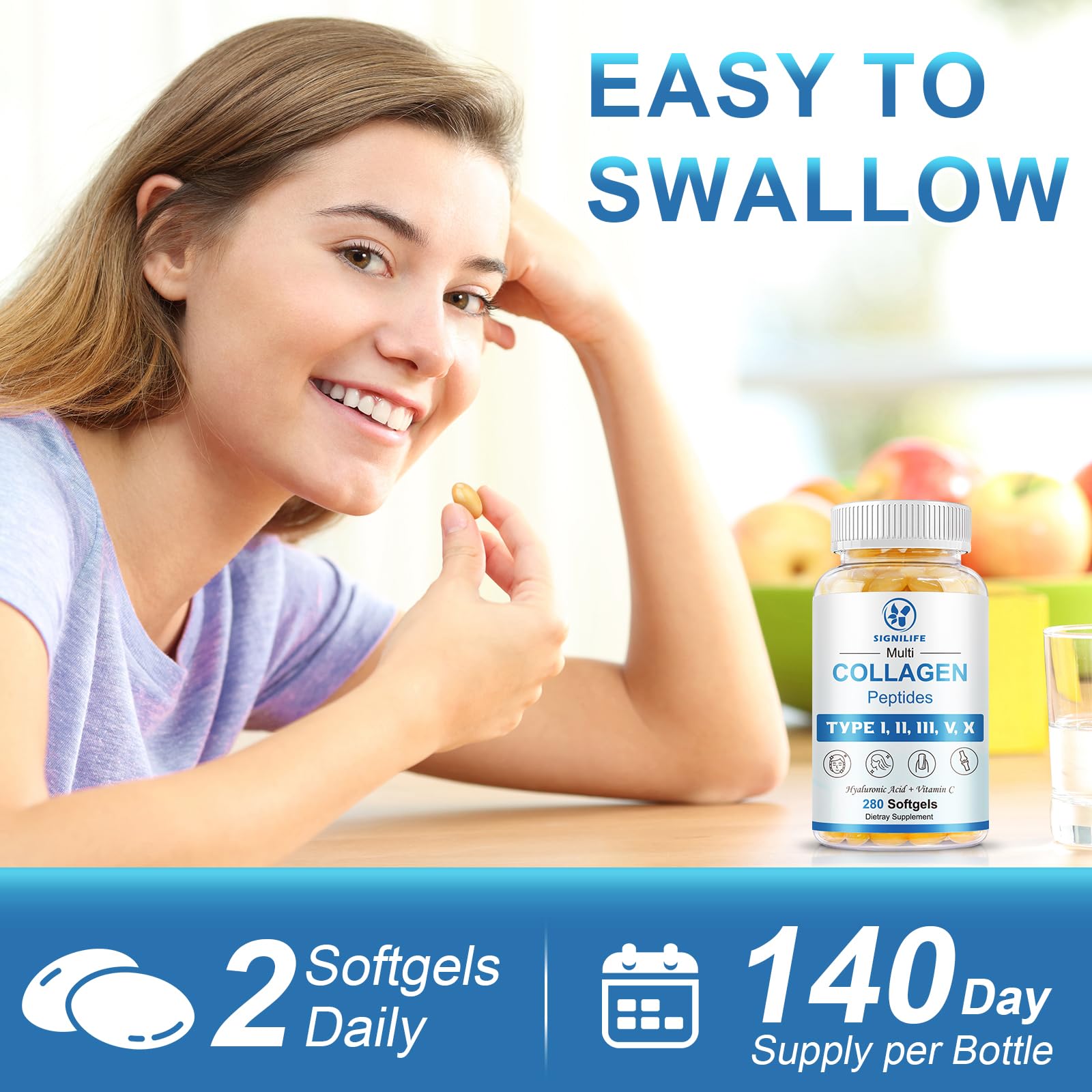 SIGNILIFE Multi Collagen Peptides for Women & Men, Hydrolyzed Collagen Peptides-Type I, II, III, V, X - with Hyaluronic Acid,Vitamin C,Biotin