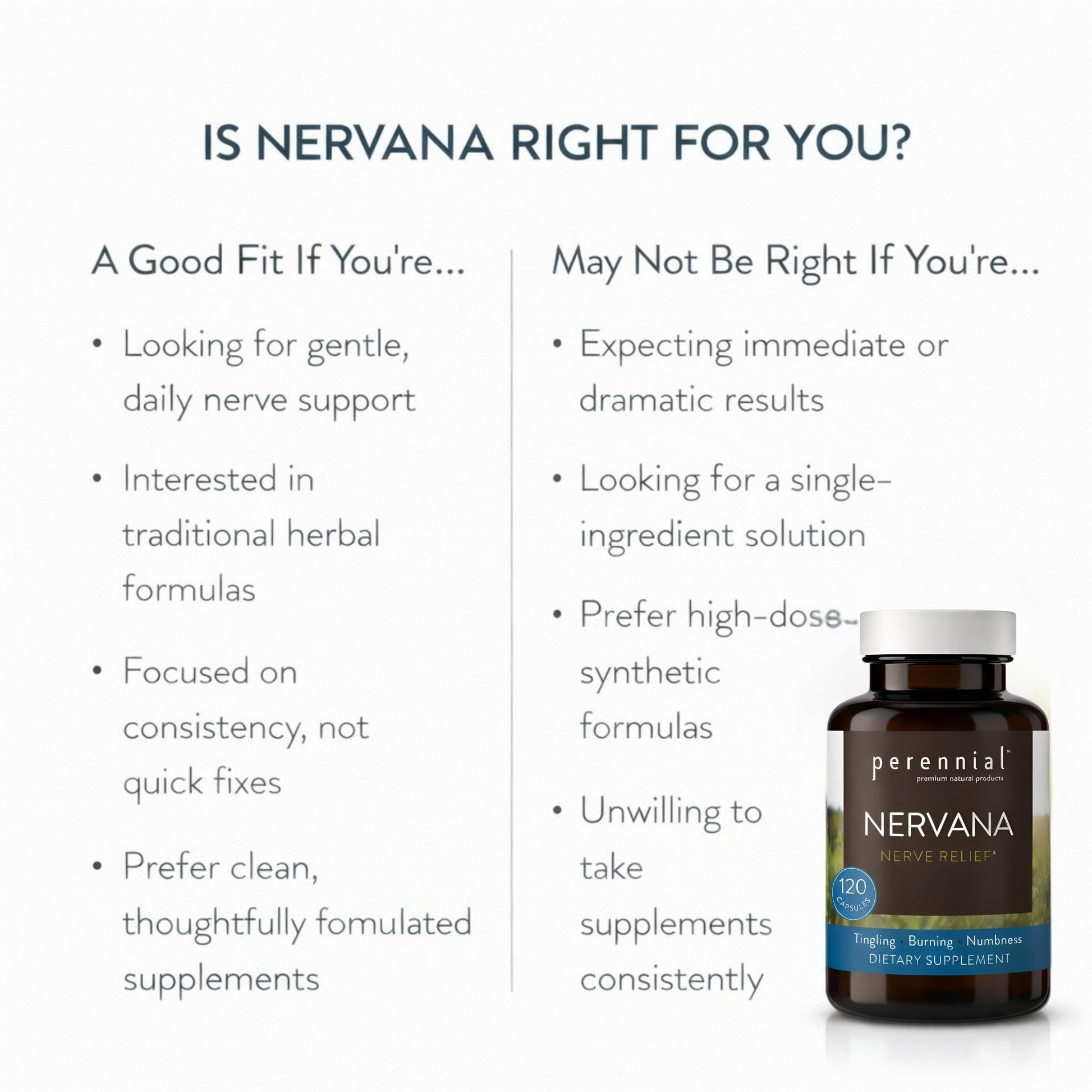 Perennial Nervana – Herbal Nerve Support for Tingling, Burning & Numbness Relief – Promotes Calm Focus & Stress Resilience – Non-Drowsy Mood Balance – 120ct* PerennialBuy Supplements Australia