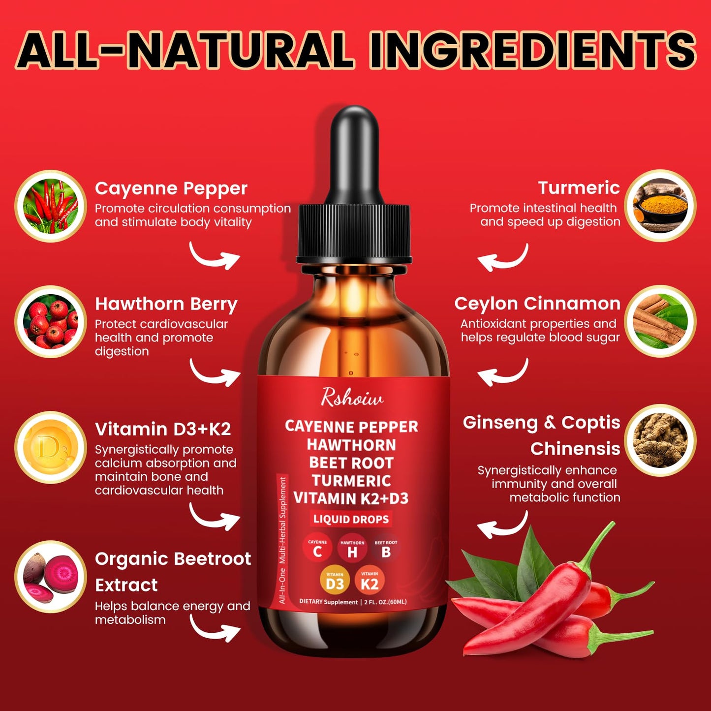 Cayenne Pepper Drops Supplement Liquid with Hawthorn Berry, Vitamin D3 K2, Turmeric Curcumin, Beet Root, Ceylon Cinnamon Vegan- Friendly - 60ml Rshoiw buy supplements Au