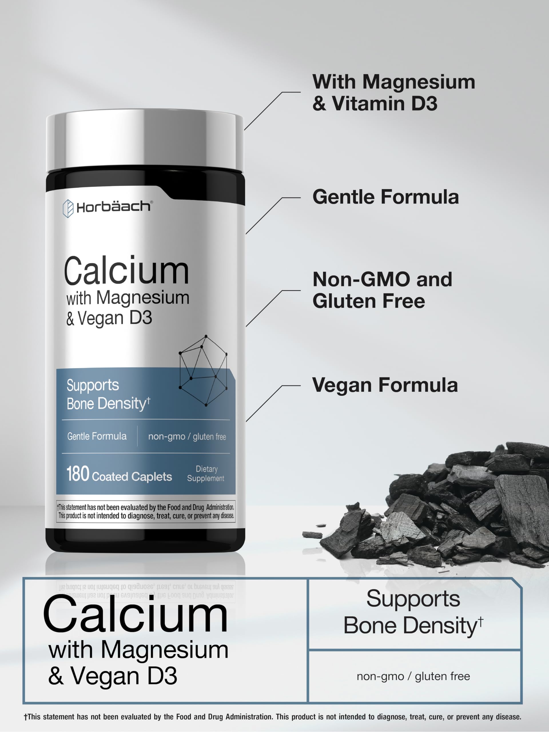 Horbäach Calcium Magnesium D3 | 180 Coated Caplets | Supports Bone Density | Supplement for Men and Women