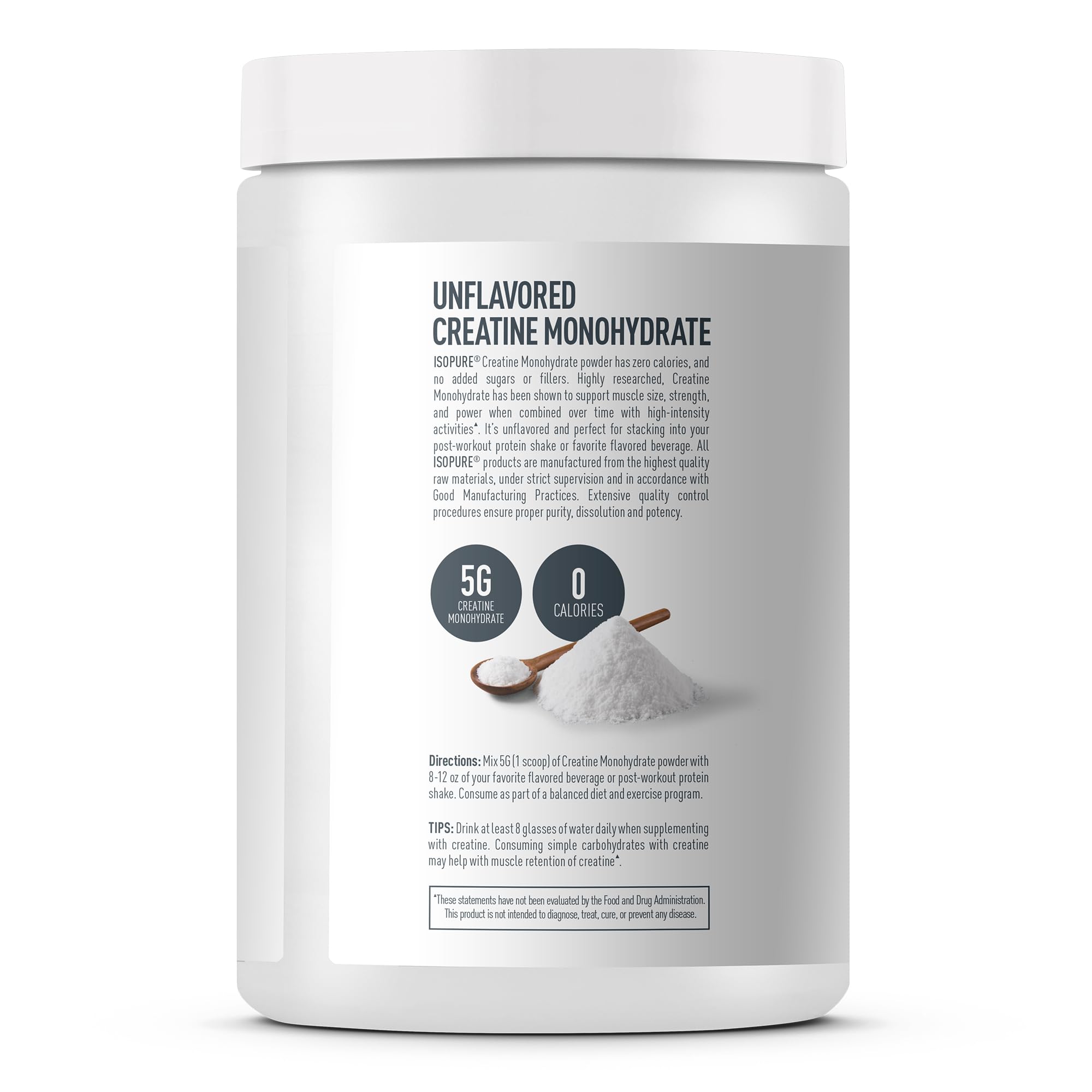 Isopure 100% Pure Creatine Monohydrate Powder, Sugar Free, Unflavored, 5g Creatine Monohydrate Per Serving, 1.1 Lbs,