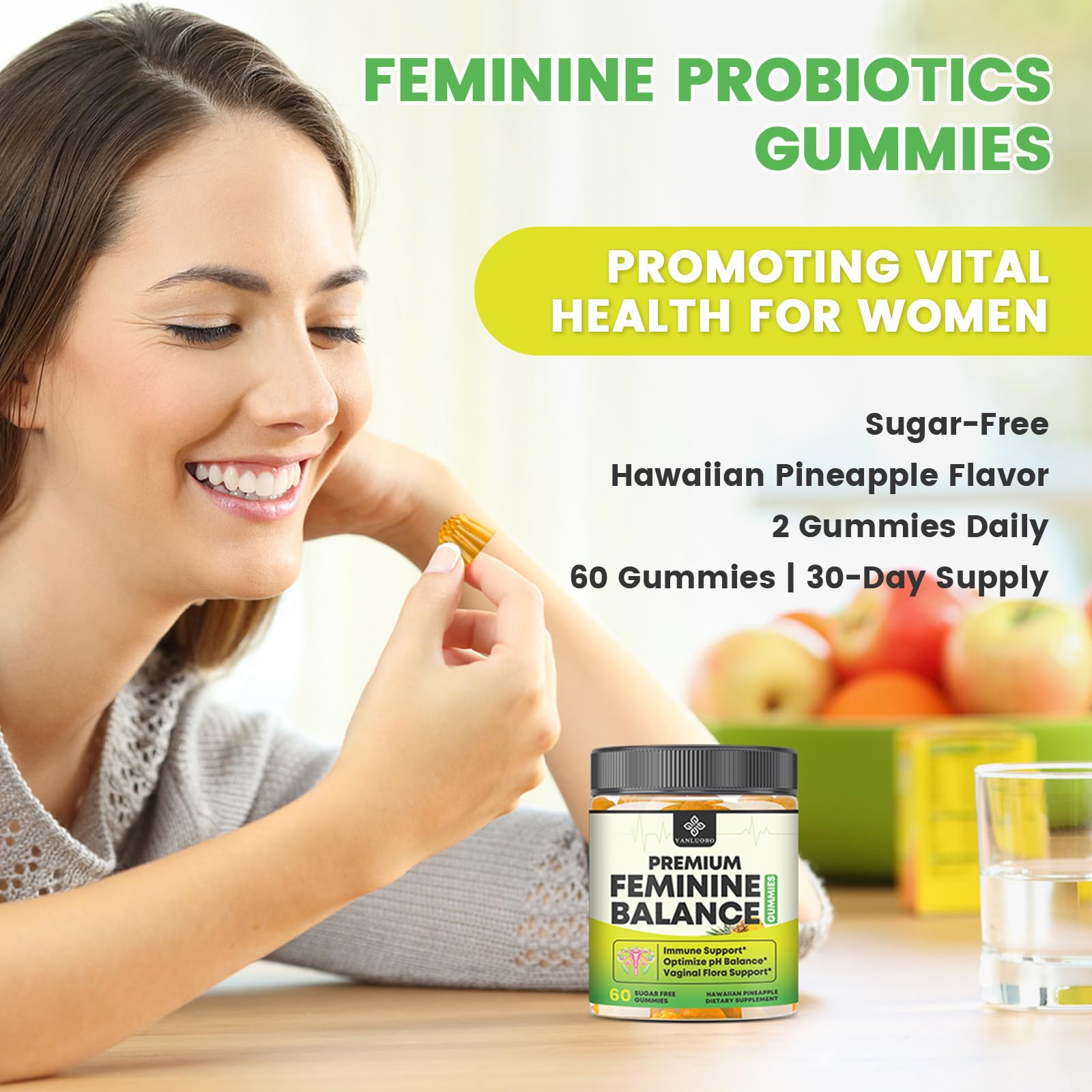 YANLUOBO Feminine Balance Probiotic Gummies - Women's Vaginal Health Support | PH Balance & Odor, Flora, Immune Support | Probiotics for Women, Vegan Pineapple Flavor, 60 Count YANLUOBOBuy Supplements Australia