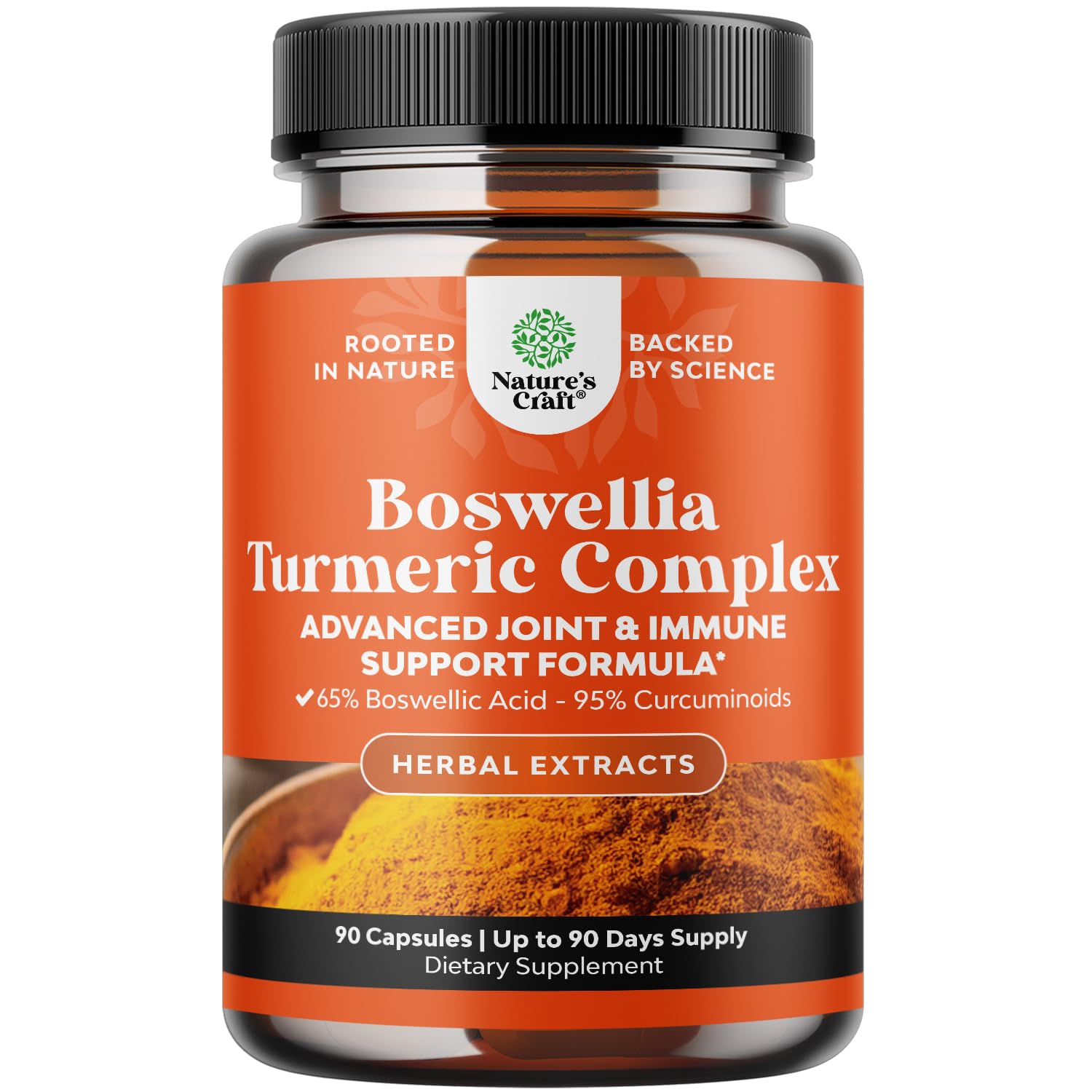 Bottle of Boswellia Turmeric Complex dietary supplement with orange label on a white background