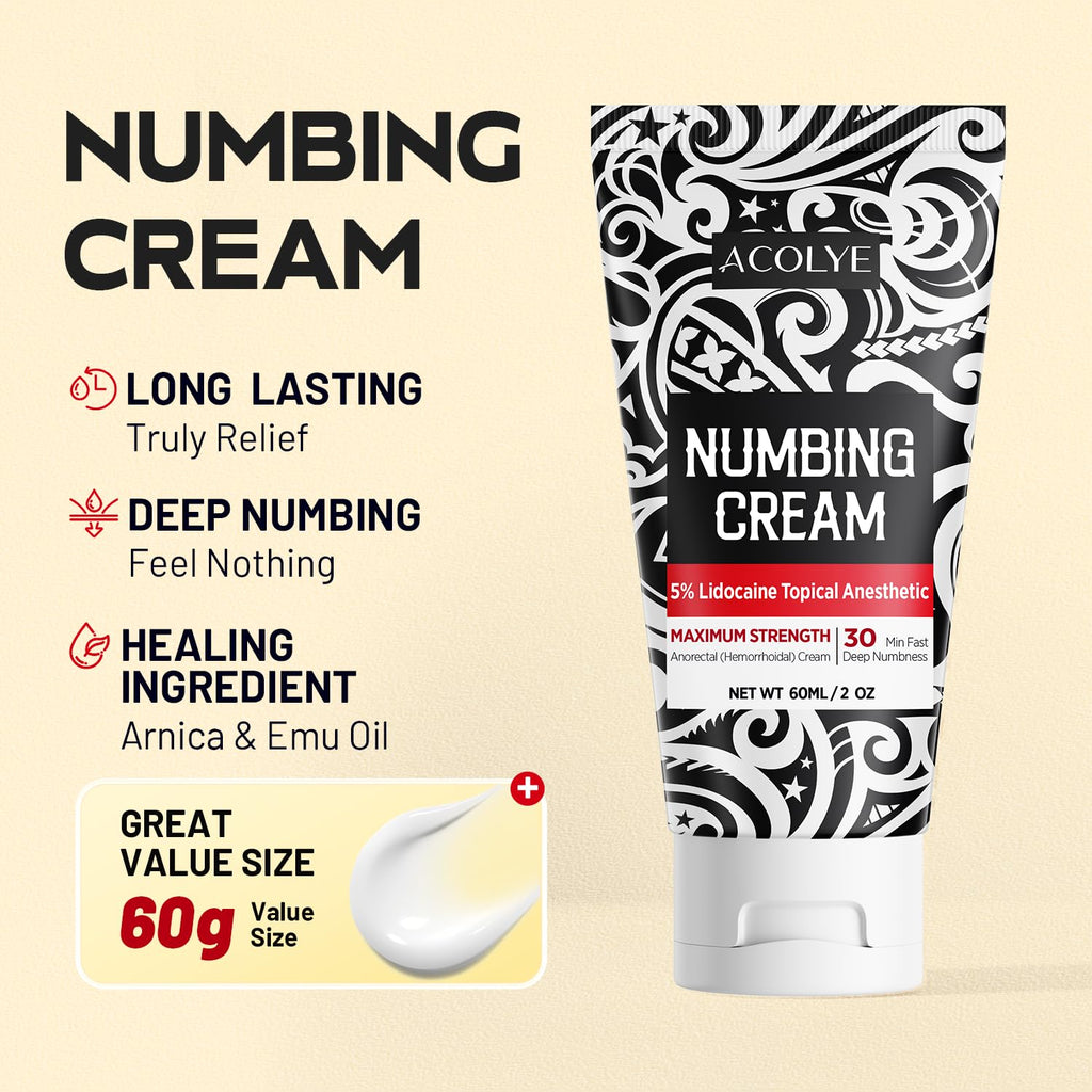 Acolye Numbing Cream Maximum Strength : 5% Lidocaine Topical Anesthetic - Extra Strength 5X Numbing with Menthol Arnica and Emu Oi (2 Fl Oz, Mint Flavor) AcolyeBuy Supplements Australia