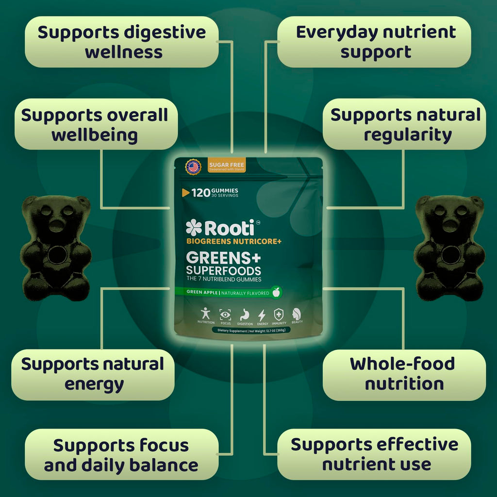 ROOTI Greens + Superfoods Gummies for Adults – 7-in-1 Whole Food Supplement, Spirulina, Lion’s Mane, Probiotics, Fiber & Digestive Enzymes Vegan, Sugar-Free,