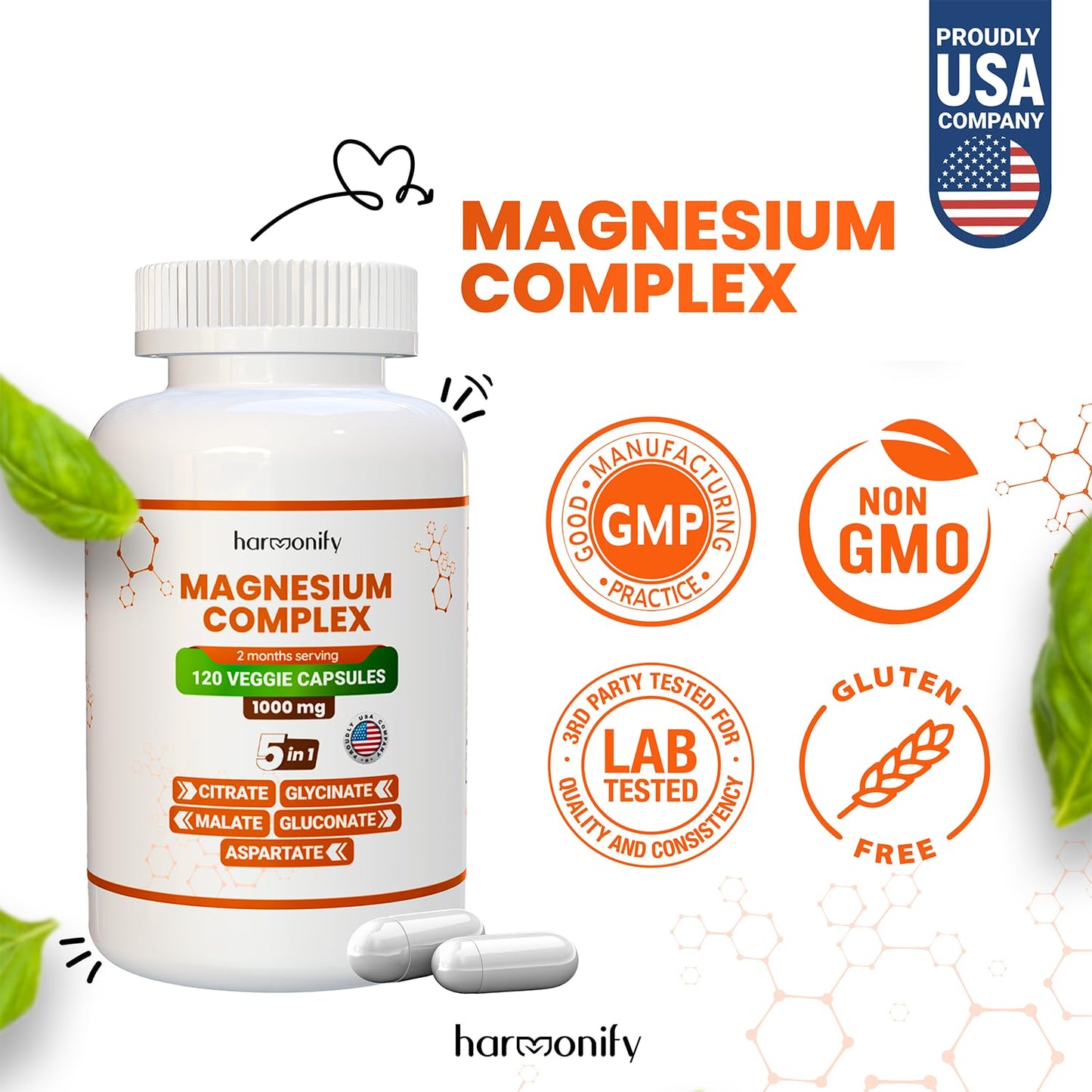 HARMONIFY Magnesium Glycinate Citrate Malate Aspartate Gluconate, 5 in 1 Formula, 120 Purified Veggie Capsule, 1000 mg, Gluten Free, Non-GMO, 60 Days Serving HARMONIFY buy supplements Au