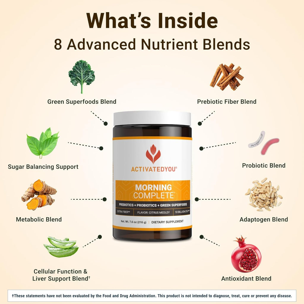 ACTIVATEDYOU Morning Complete Daily Wellness Greens Superfood Drink Mix for Gut Health w/Prebiotics, Probiotics, Antioxidants, Green Superfoods, 10 Billion CFUs (3 Pack, Citrus Medley) ACTIVATEDYOUBuy Supplements Australia