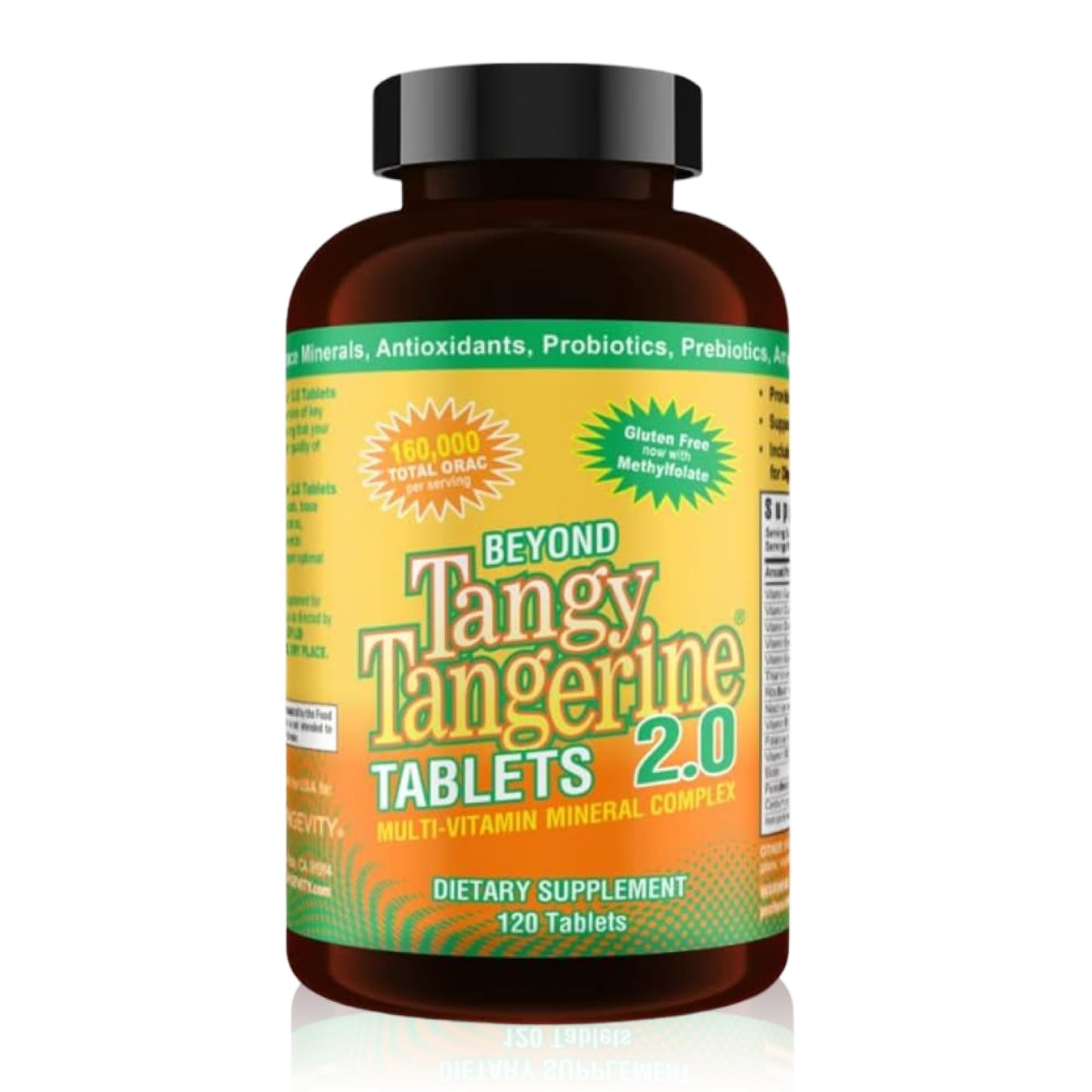 Supplement bottle labeled 'Beyond Tangy Tangerine Tablets 2.0' on a white background