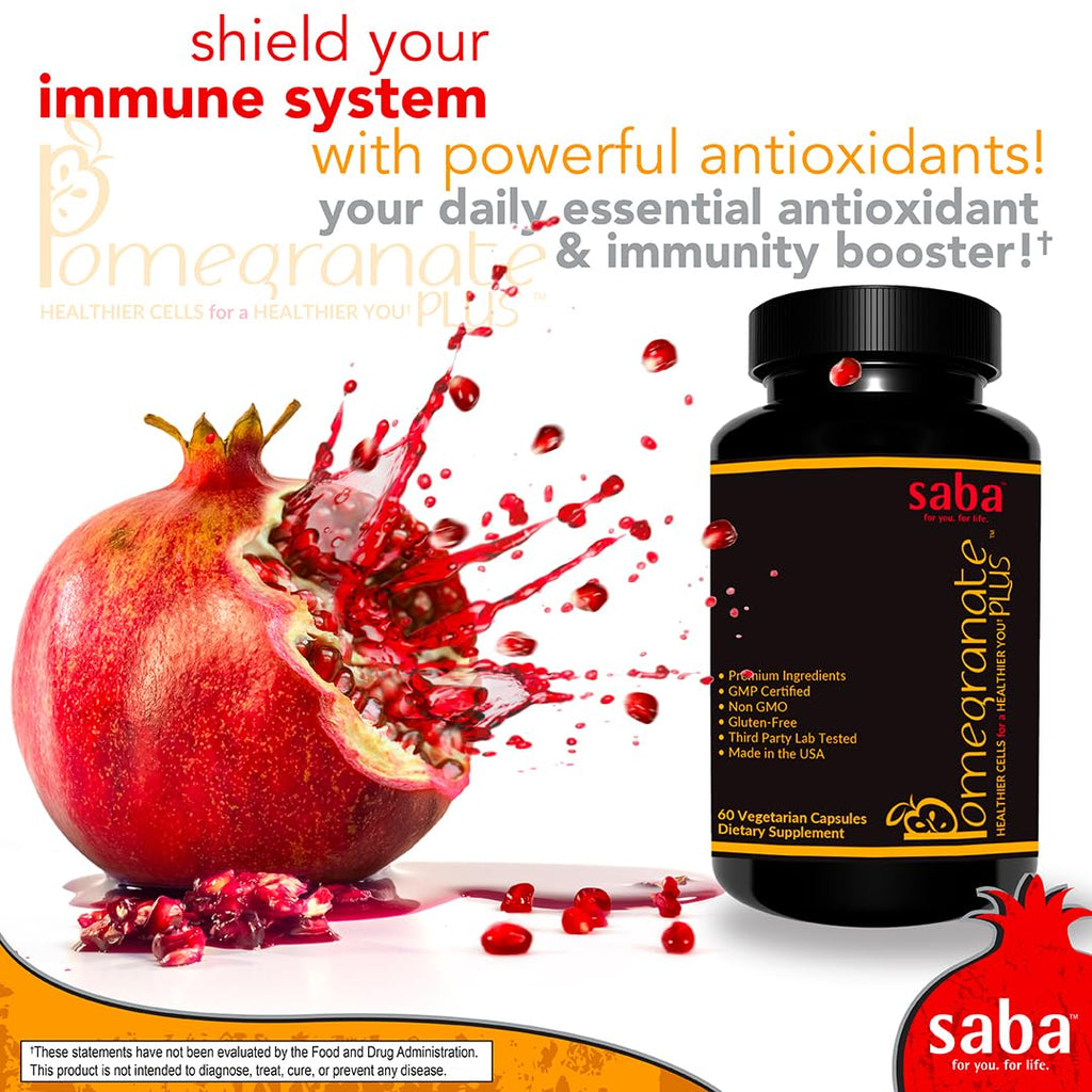 Saba Pomegranate Plus – Antioxidant Supplement with Astaxanthin & Adaptogens | Immune, Skin, Heart & Brain Support | Daily Stress & Cellular Wellness | 60 Capsules SabaBuy Supplements Australia