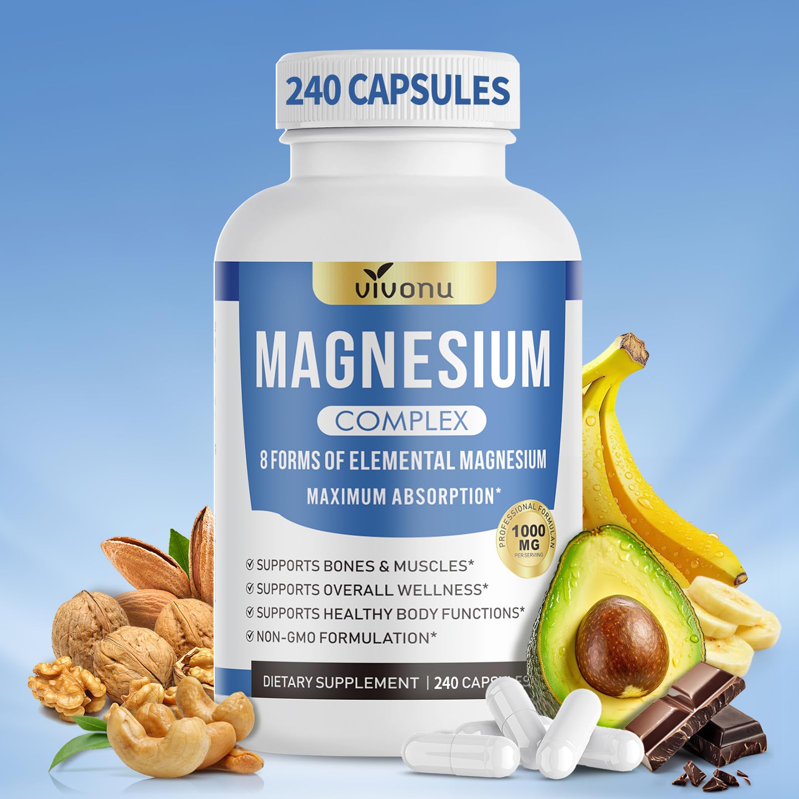 Vivonu magnesium supplement bottle with health benefits on a blue background