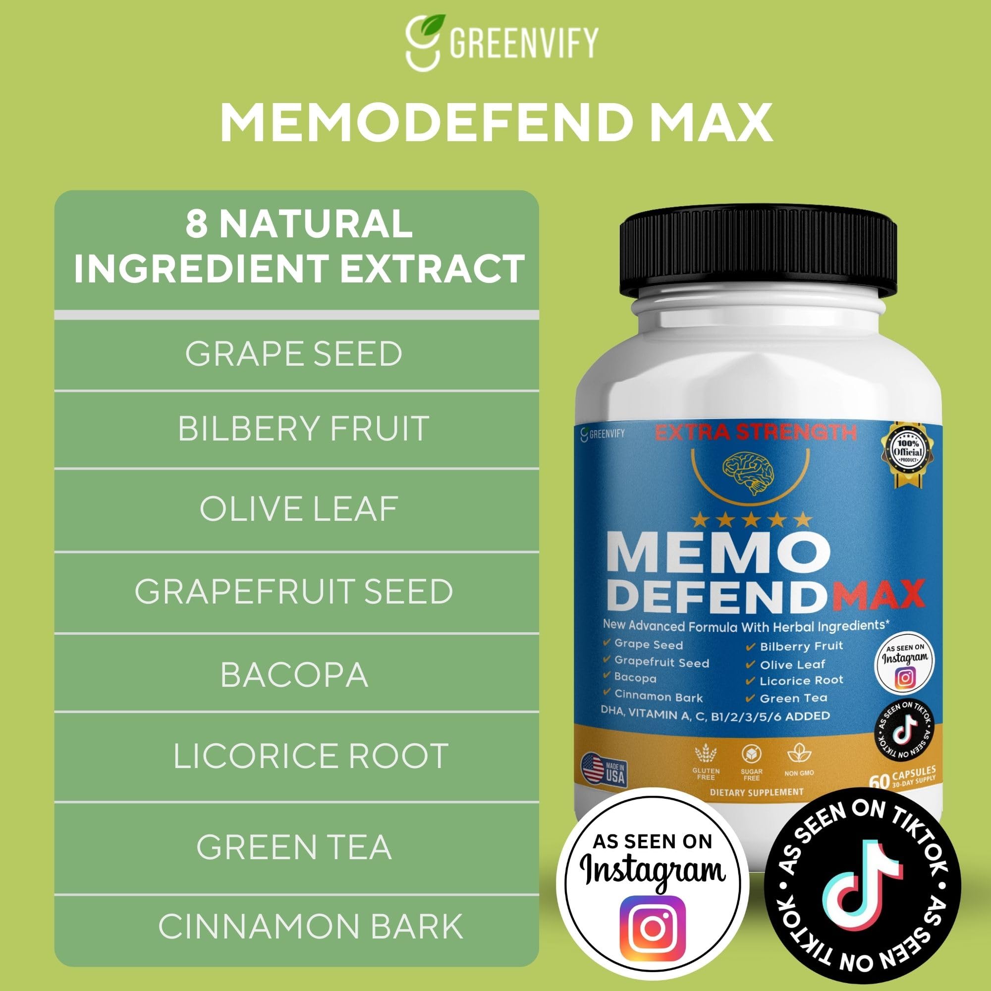 Memo Defend Max Memory Support Supplement, 60 Capsules, with Vitamins A C D E B Complex, DHA, Bacopa, Grapefruit Seed (1) GREENVIFY buy supplements Au