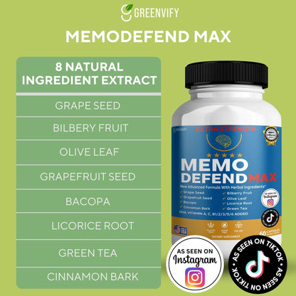 Memo Defend Max Memory Support Supplement, 60 Capsules, with Vitamins A C D E B Complex, DHA, Bacopa, Grapefruit Seed (1) GREENVIFY buy supplements Au