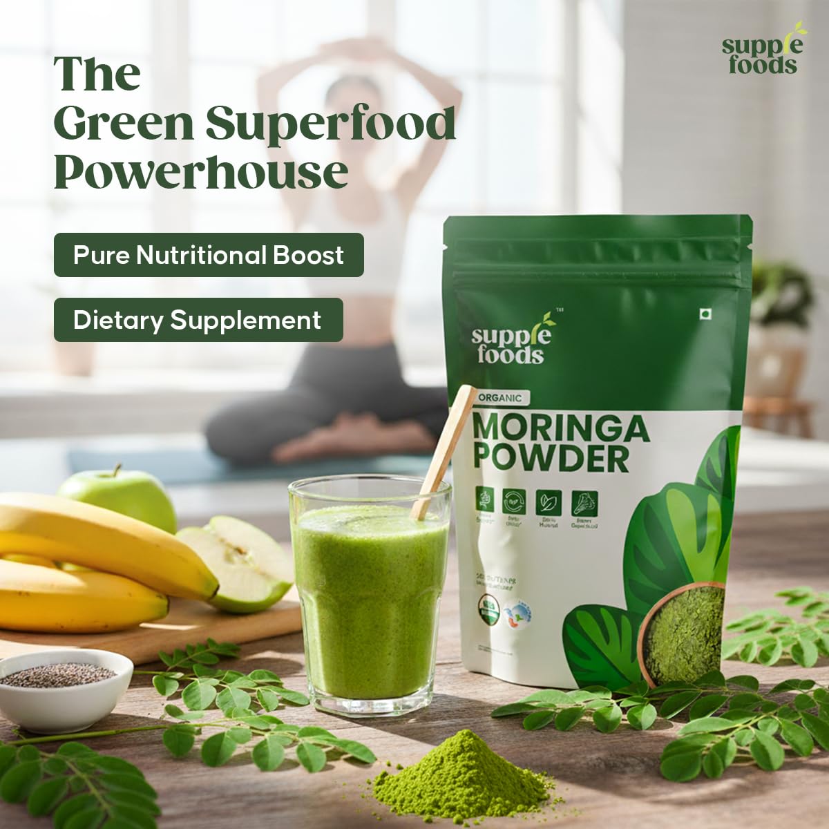 supplefoods Organic Moringa Powder 200 g / 7.05 oz | 100% Natural Green Superfood | Assists Digestion & Daily Detox | Finely Milled Moringa Leaf Powder | USDA Certified Organic Dietary Supplement supplefoods buy supplements Au