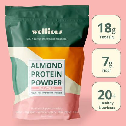 wellious Almond Protein Powder (Vanilla) - 18 Grams of Pure Healthiest Vegan Protein for Women & Men - Perfect Soy-Free & Smooth Gut Friendly Protein Powder for Sports Nutrition