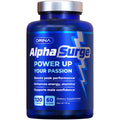 Blue supplement bottle labeled 'Alpha Surge' with branding and product details on a white background