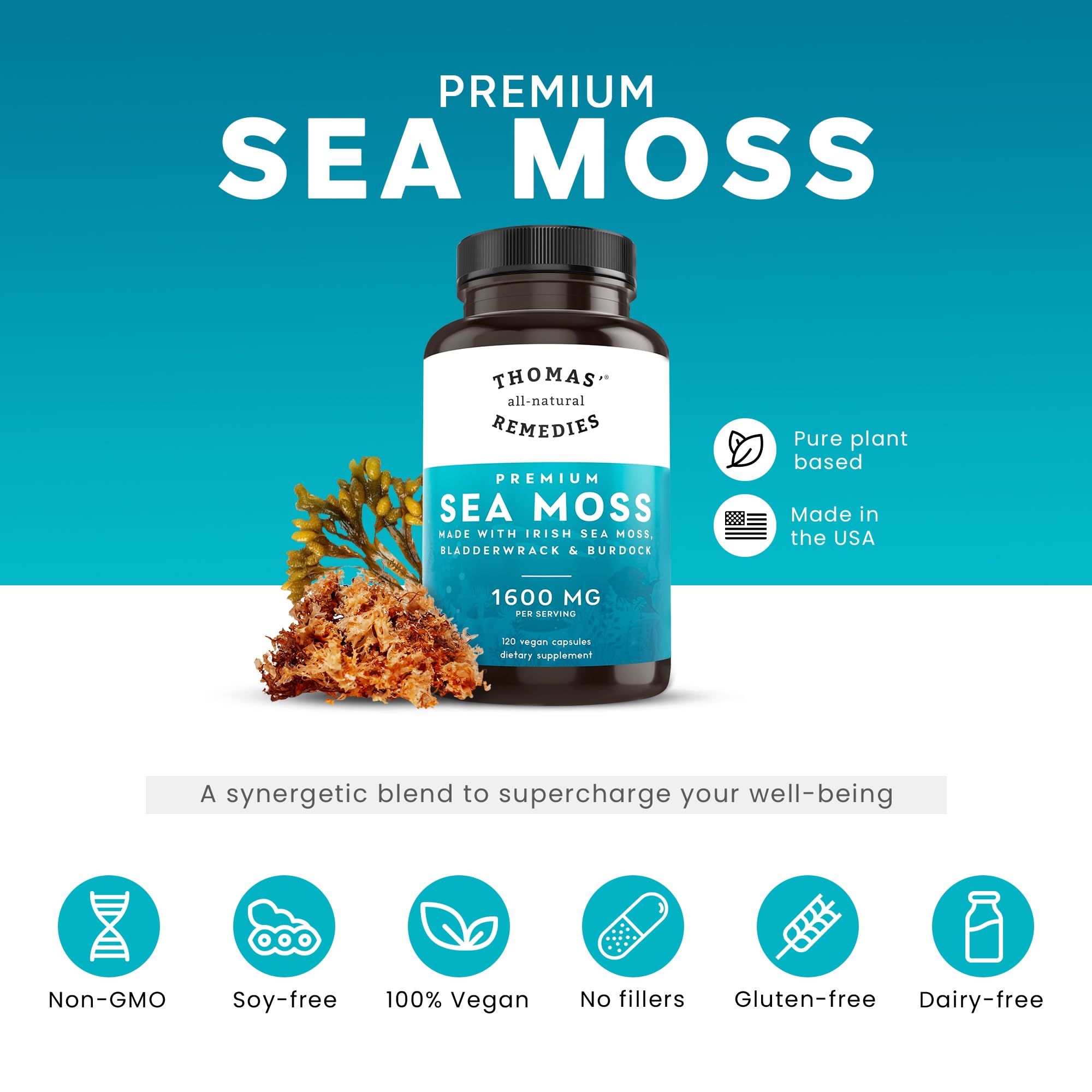Thomas' all-natural Remedies Irish Sea Moss Capsules, Sea Moss with Bladderwrack & Burdock Root Organic for Gut Health, Digestion, Energy & Immune Support, 120 Seamoss Pills Thomas' all-natural RemediesBuy Supplements Australia