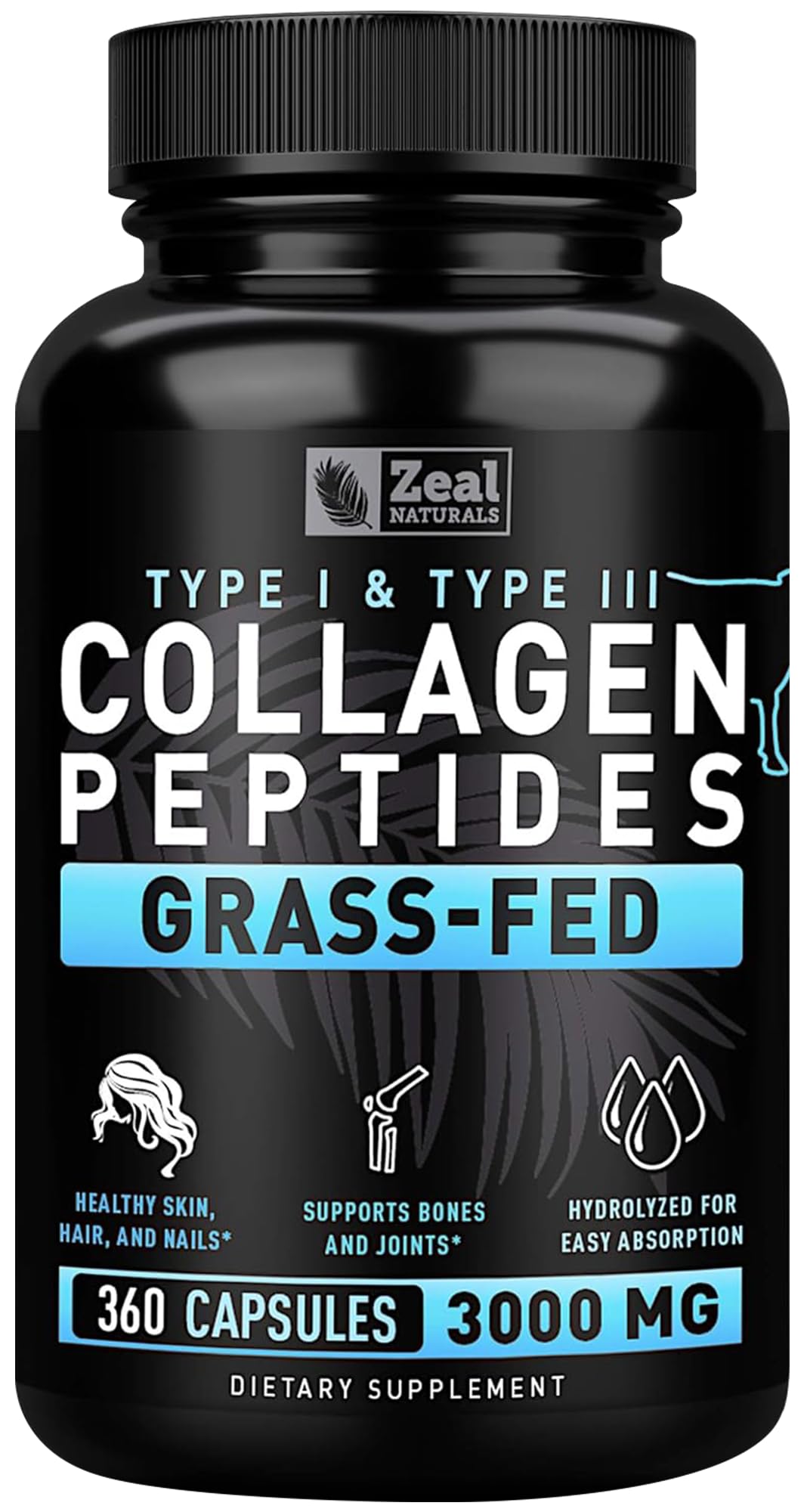 Collagen Peptides Capsules 360 Count - Grass Fed Bovine Hydrolyzed Collagen Pills - Hair, Skin & Nails, Joint Support - Collagen Supplements for Women & Men