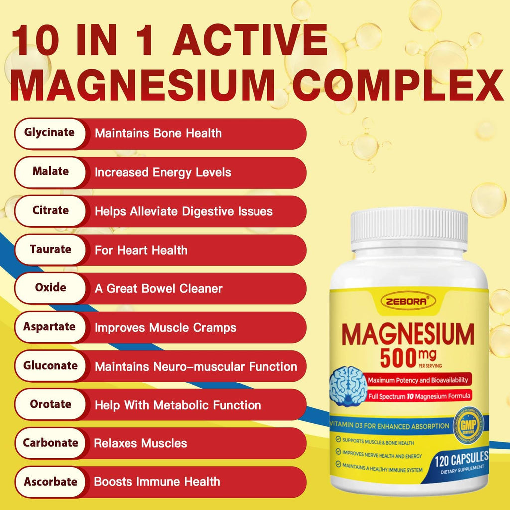 10-in-1 Magnesium Complex Supplement, Magnesium Glycinate 500mg with Citrate & Malate, Chelated High Absorption Plus Vitamin D3 & Zinc - for Nerve, Muscle & Bone Support - 120 Capsules ZEBORA buy supplements Au