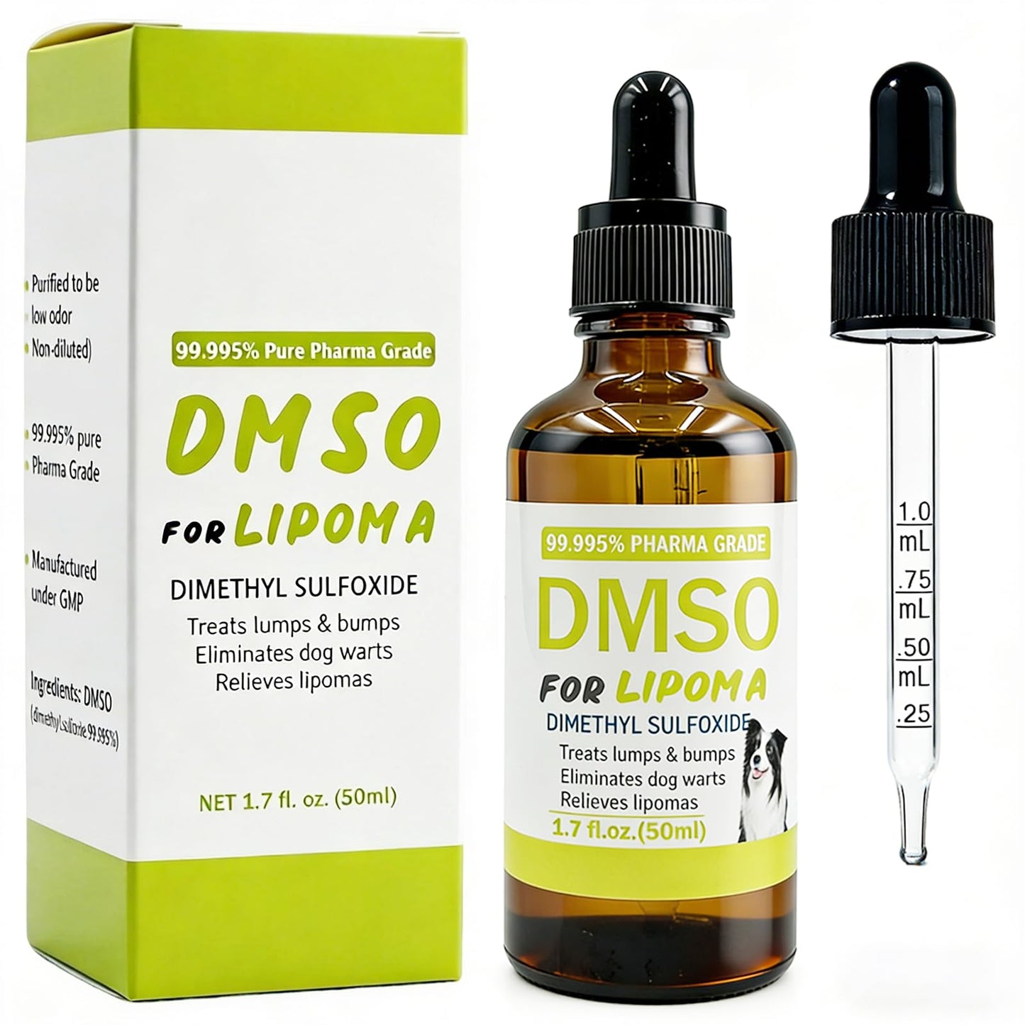 DMSO for lipoma bottle with dropper and packaging on a white background