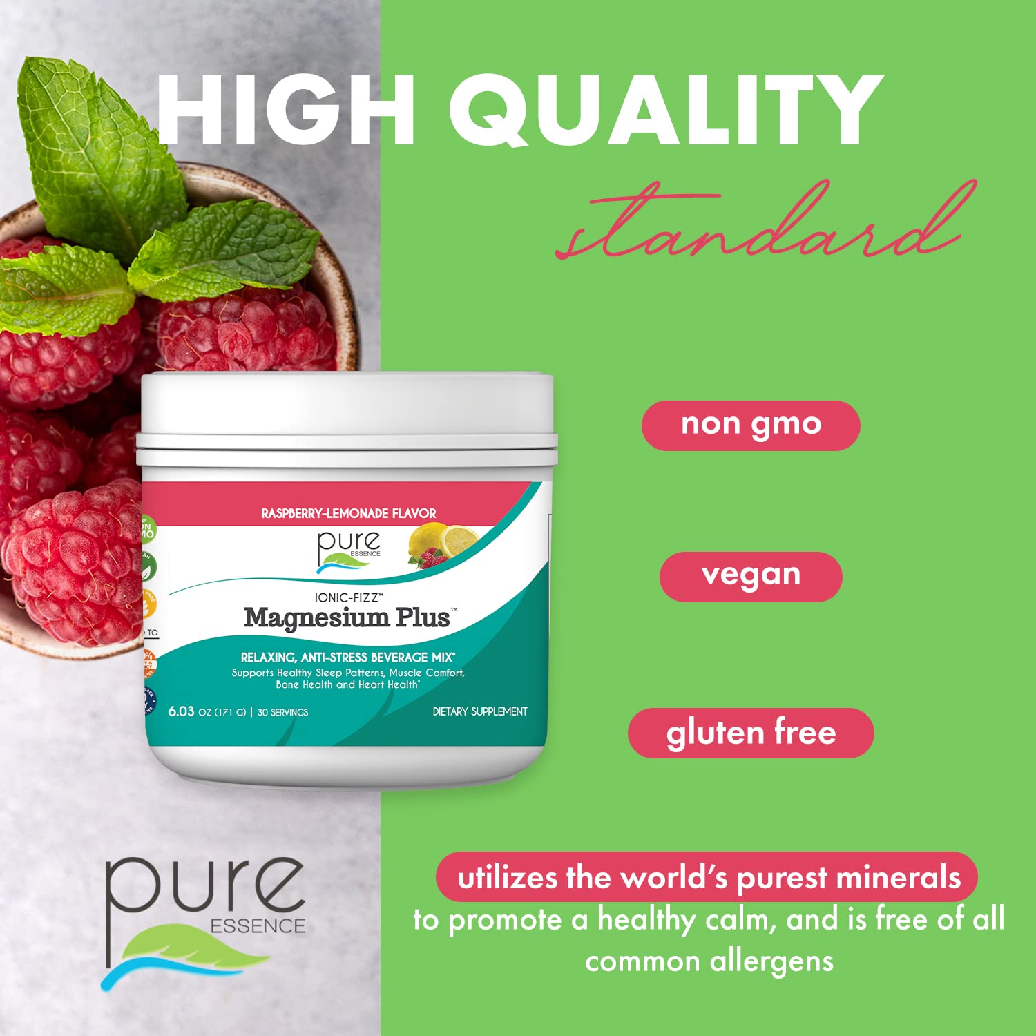 Pure Essence Labs Ionic Fizz Magnesium Plus, Anti-Stress Supplement Drink Powder, Gluten Free and Non-GMO Magnesium Powder