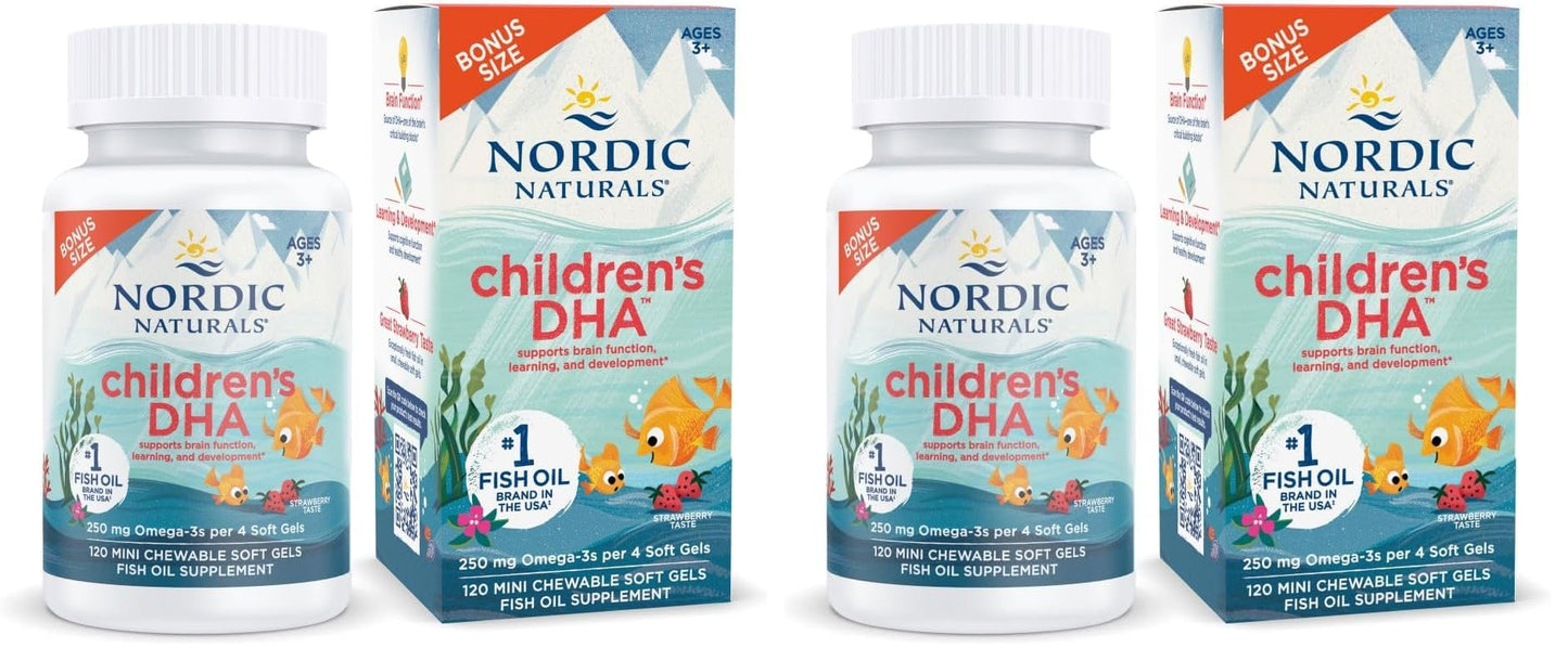 Nordic Naturals Children’s DHA, Strawberry - 120 Mini Chewable Soft Gels for Kids - 250 mg Omega-3 with EPA & DHA - Brain Development & Function - Non-GMO - 30 Servings (Pack of 2) Nordic NaturalsBuy Supplements Australia