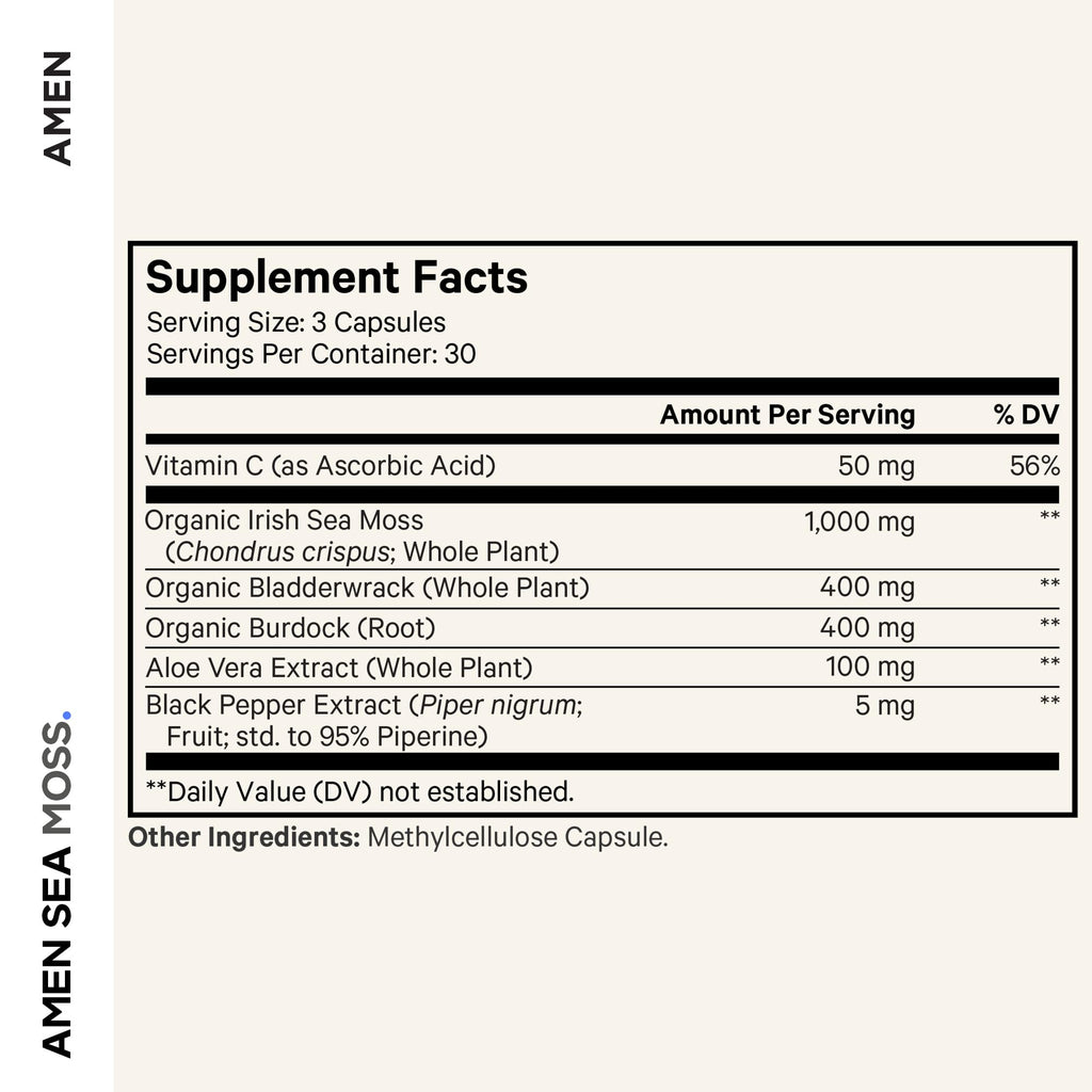 Amen Sea Moss Supplement - 1000mg Organic Irish Sea Moss, Bladderwrack, Burdock - Vitamin C, Aloe Vera, Black Pepper - Seaweed Superfood, Vitamins, Minerals, and Antioxidants - Non-GMO - 90 Capsules AmenBuy Supplements Australia