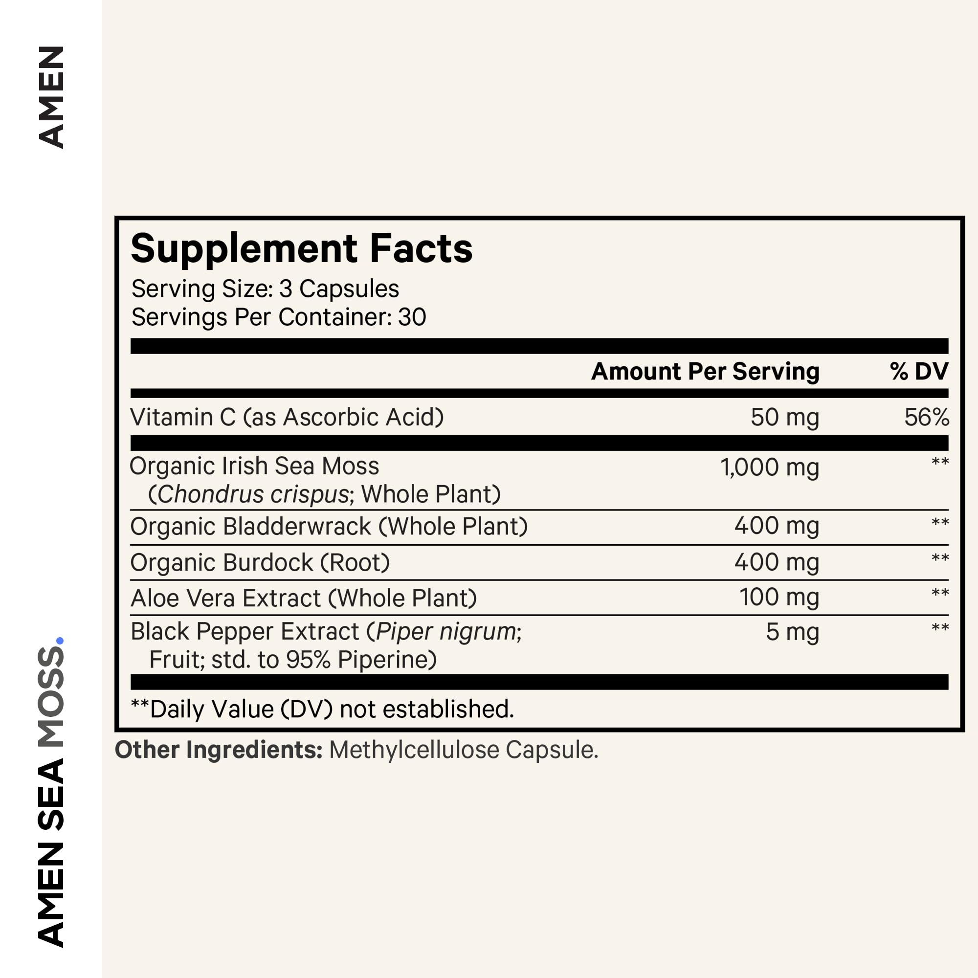 Amen Sea Moss Supplement - 1000mg Organic Irish Sea Moss, Bladderwrack, Burdock - Vitamin C, Aloe Vera, Black Pepper - Seaweed Superfood, Vitamins, Minerals, and Antioxidants - Non-GMO - 90 Capsules AmenBuy Supplements Australia