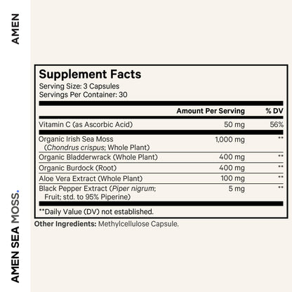 Amen Sea Moss Supplement - 1000mg Organic Irish Sea Moss, Bladderwrack, Burdock - Vitamin C, Aloe Vera, Black Pepper - Seaweed Superfood, Vitamins, Minerals, and Antioxidants - Non-GMO - 90 Capsules AmenBuy Supplements Australia