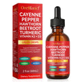 OneBlanc Cayenne Pepper Hawthorn Beetroot Turmeric Vitamin K2+D3 liquid drops packaging and bottle on a white background