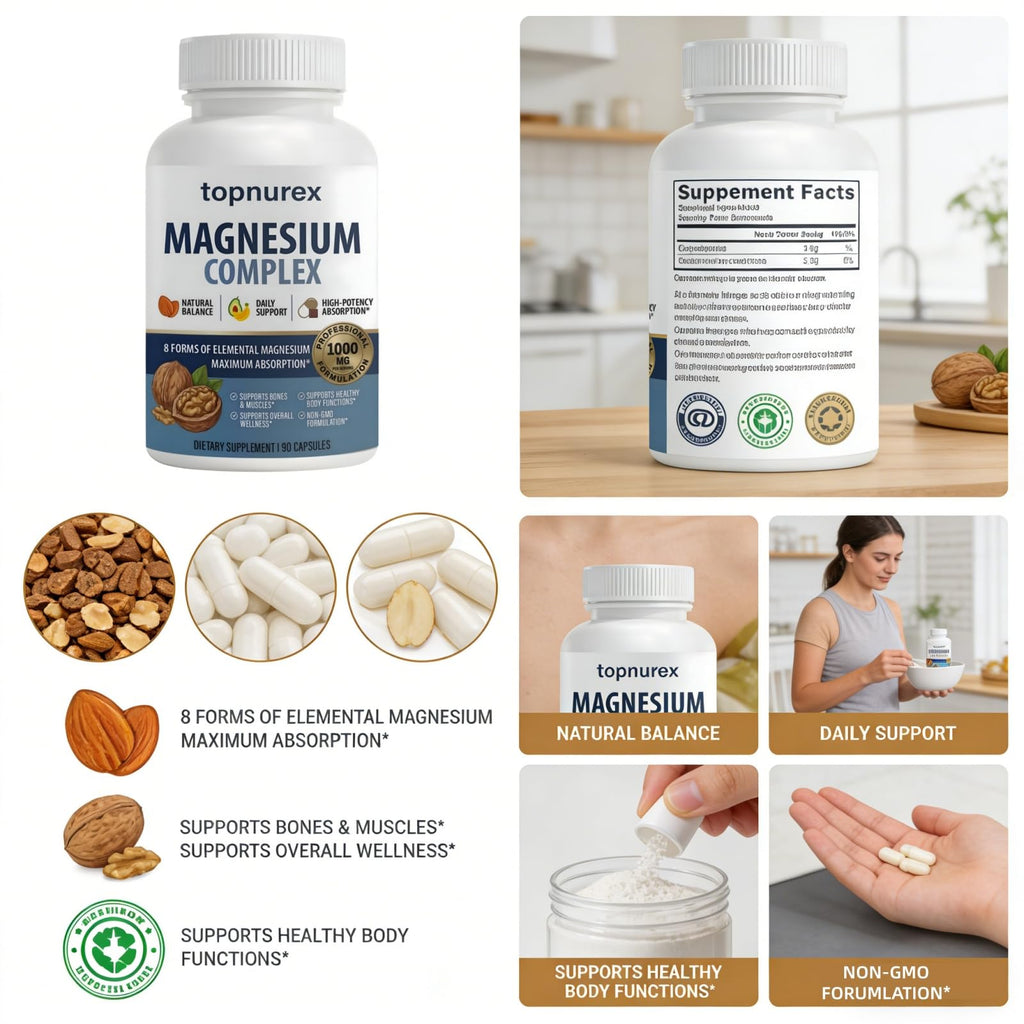 Topnurex Magnesium Complex for Women & Men - 1000mg High Absorption, 8 Essential Magnesium, 90 Capsules Topnurex buy supplements Au