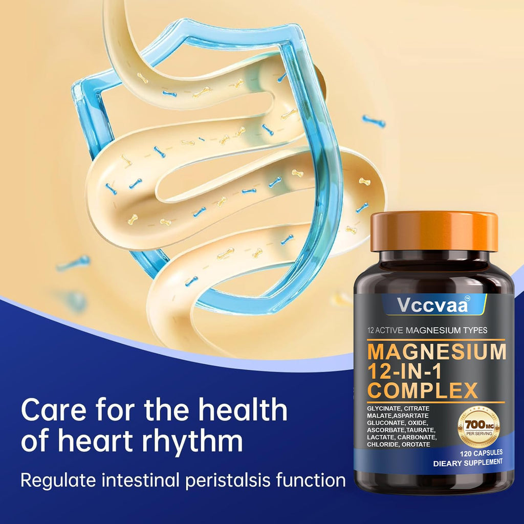Magnesium Complex 700mg – 12-in-1 Magnesium Supplement with Glycinate, Citrate, Malate, Oxide, Taurate & More – High Absorption for Muscle, Heart, Sleep, Bone, Nerve Support –120 Capsules (1 Pack) Vccvaa buy supplements Au