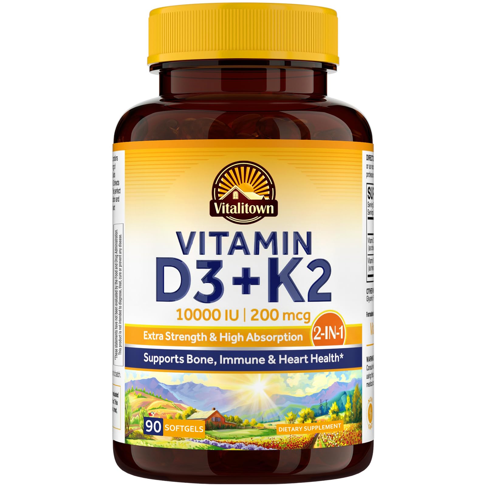 Vitalitown Vitamin D3 K2 Supplement, Vitamin D3 10000 IU Vitamin K2 (MK7) 200 mcg, 90 Softgels, Non-GMO, No Gluten & Soy