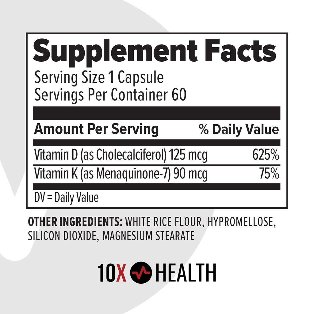 10X Health Vitamin D3 5000 IU & K2 MK7 - Menaquinone 7, High-Potency D3 K2 Vitamin Supplement for Bone Health, Heart and Teeth - 125 mcg Vitamin D & 90 mcg Vitamin K2-60 Capsules 10X Health System buy supplements Au