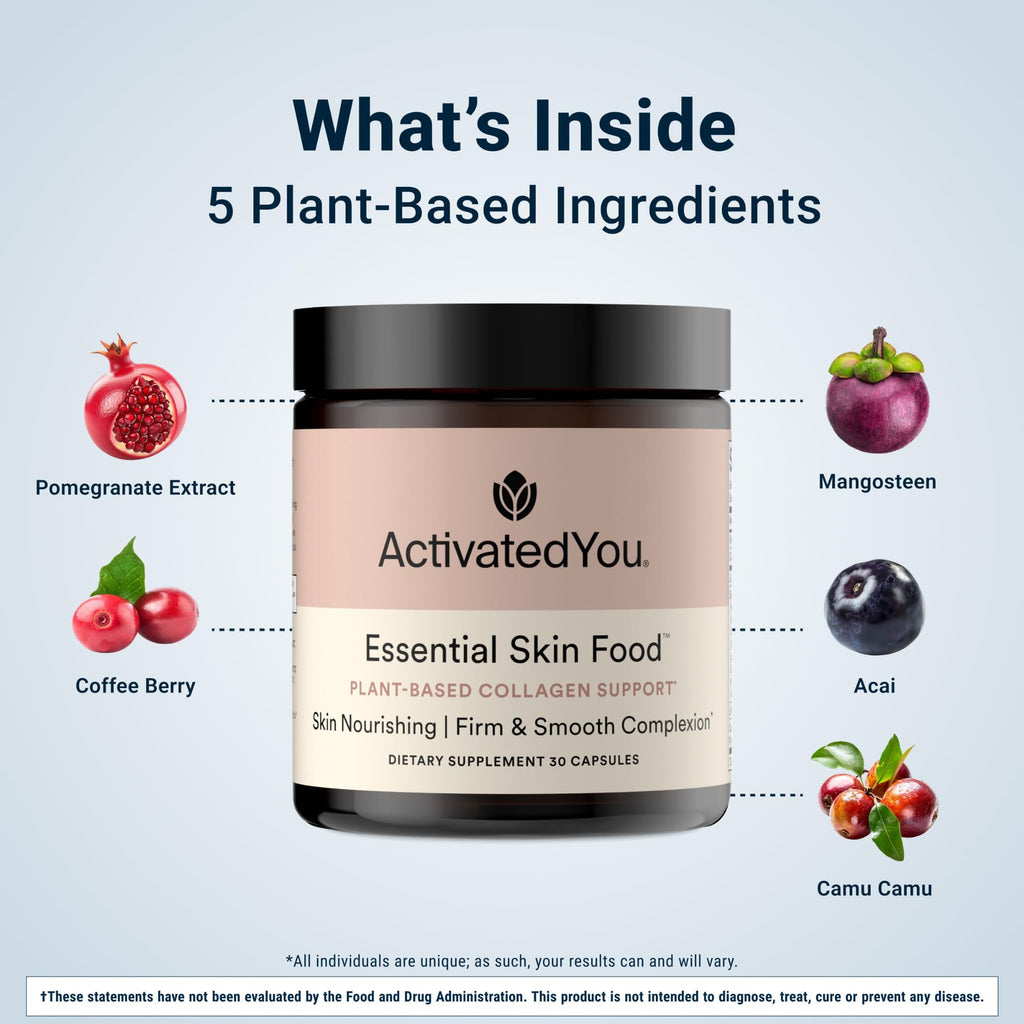 ACTIVATEDYOU Essential Skin Food, Advanced Skincare Collagen Elastin Support Supplement for Aging Skin, Helps Improve Appearance of Face Texture, Sagging w/Dermaval, Vitamin C (30 Count (Pack of 3)) ACTIVATEDYOUBuy Supplements Australia