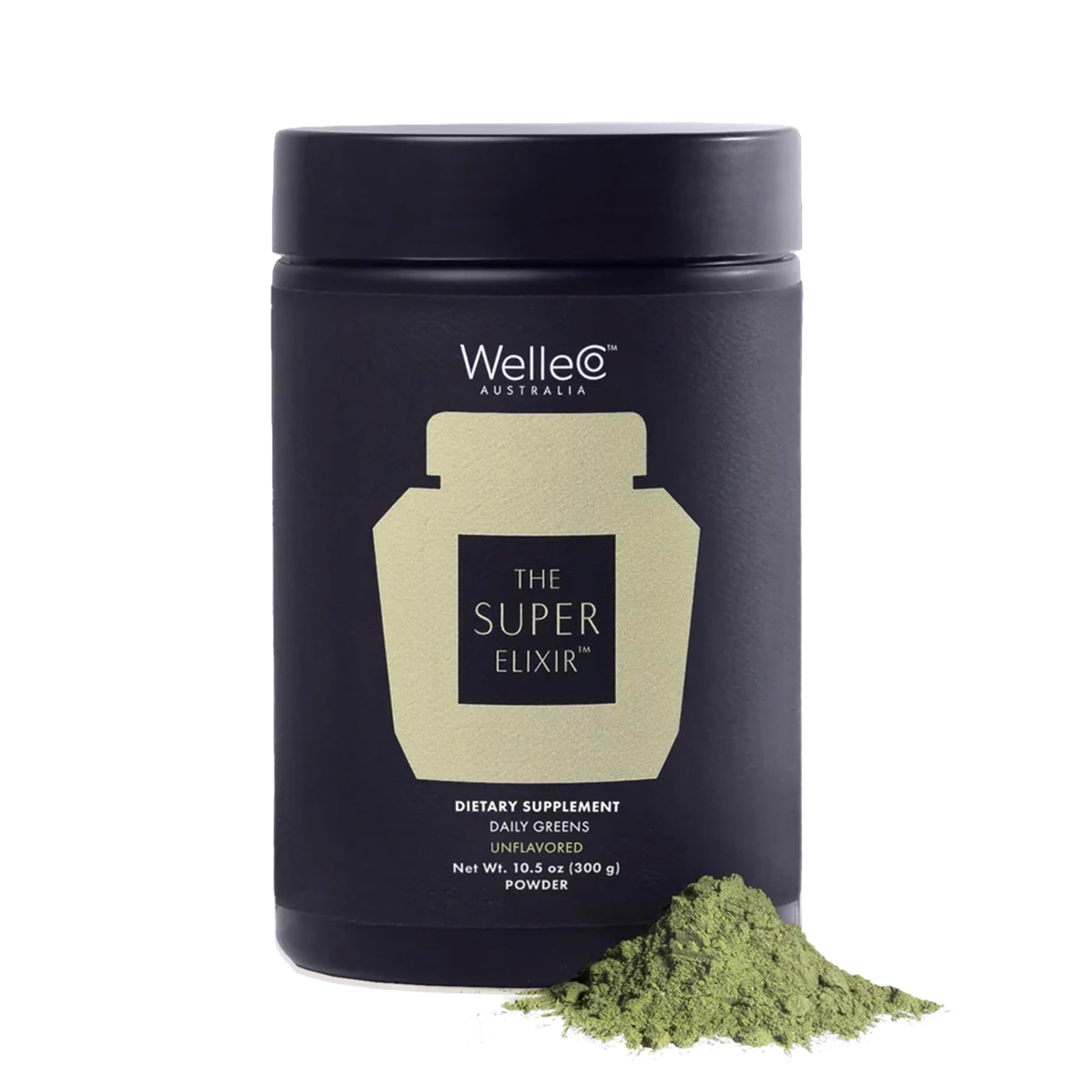 Black container of WelleCo Super Elixir dietary supplement with green powder on a white background